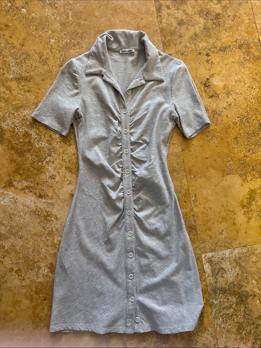 Reformation Light Gray Ribbed Button-Front Mini Dress